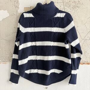 Gap Turtleneck Sweater Chunky Cable Knit 100% Cotton Striped Navy White Womens L